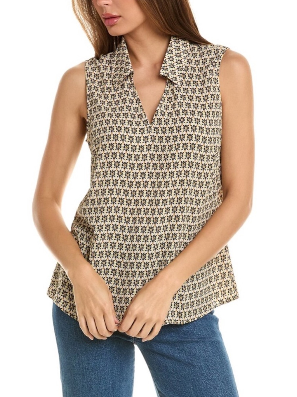 CAbi Bitmap Sleeveless Collared V-Neck Blouse in Cream & Black Print